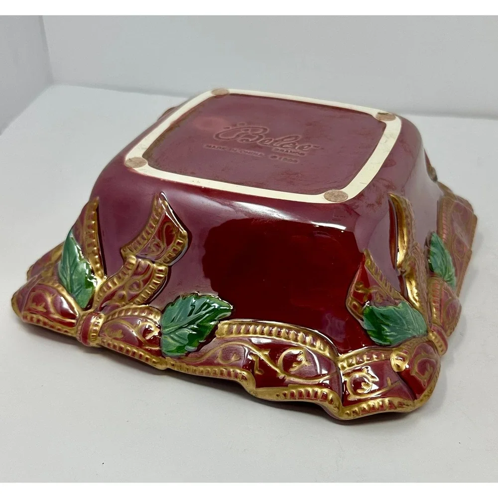 Bailee Brands Vintage 1999 Christmas Burgundy Gold Ribbon Ceramic Square Bowl A1